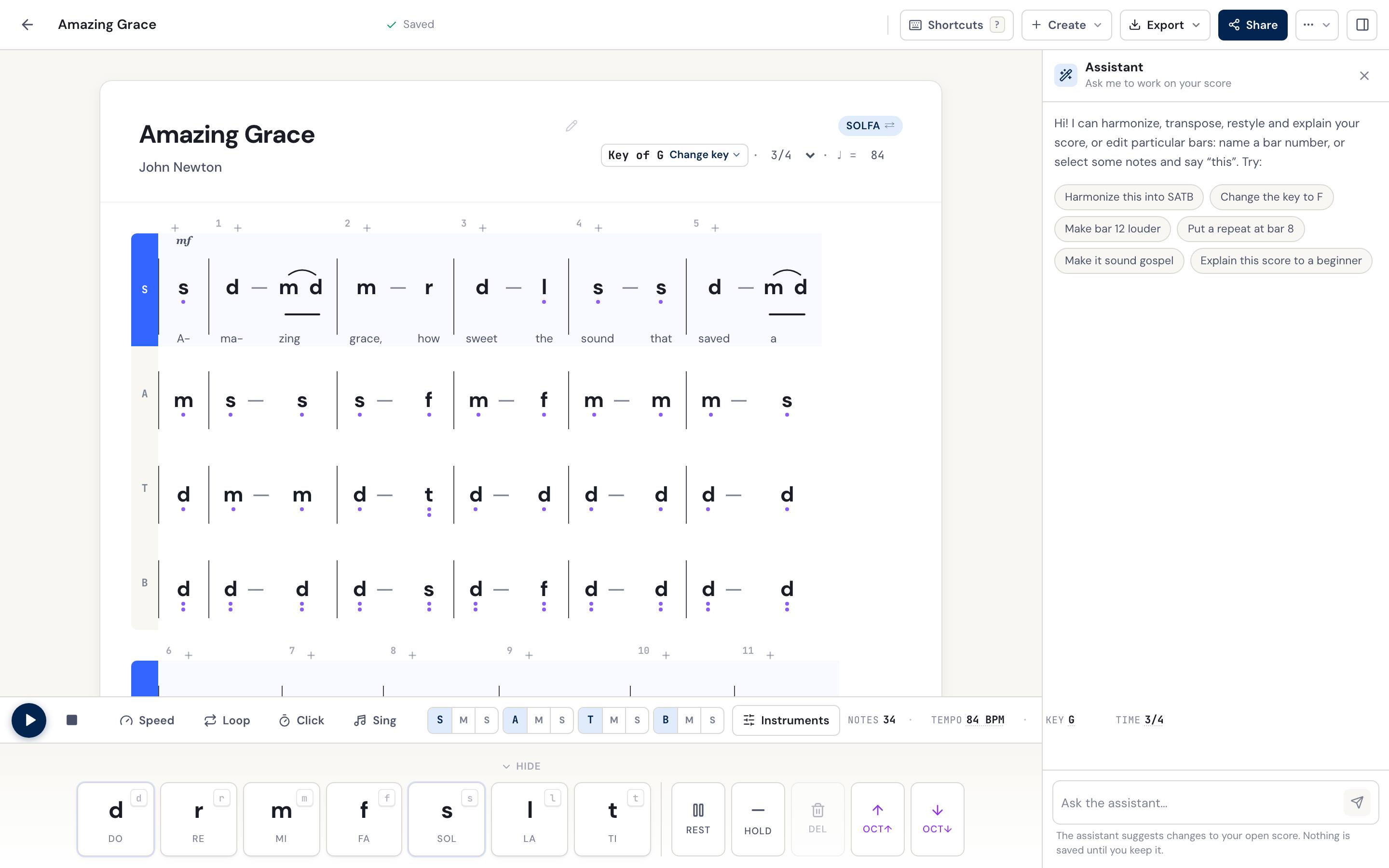 The DomiSol editor with the AI assistant panel open beside a four-part Amazing Grace, ready for a request typed in plain language.