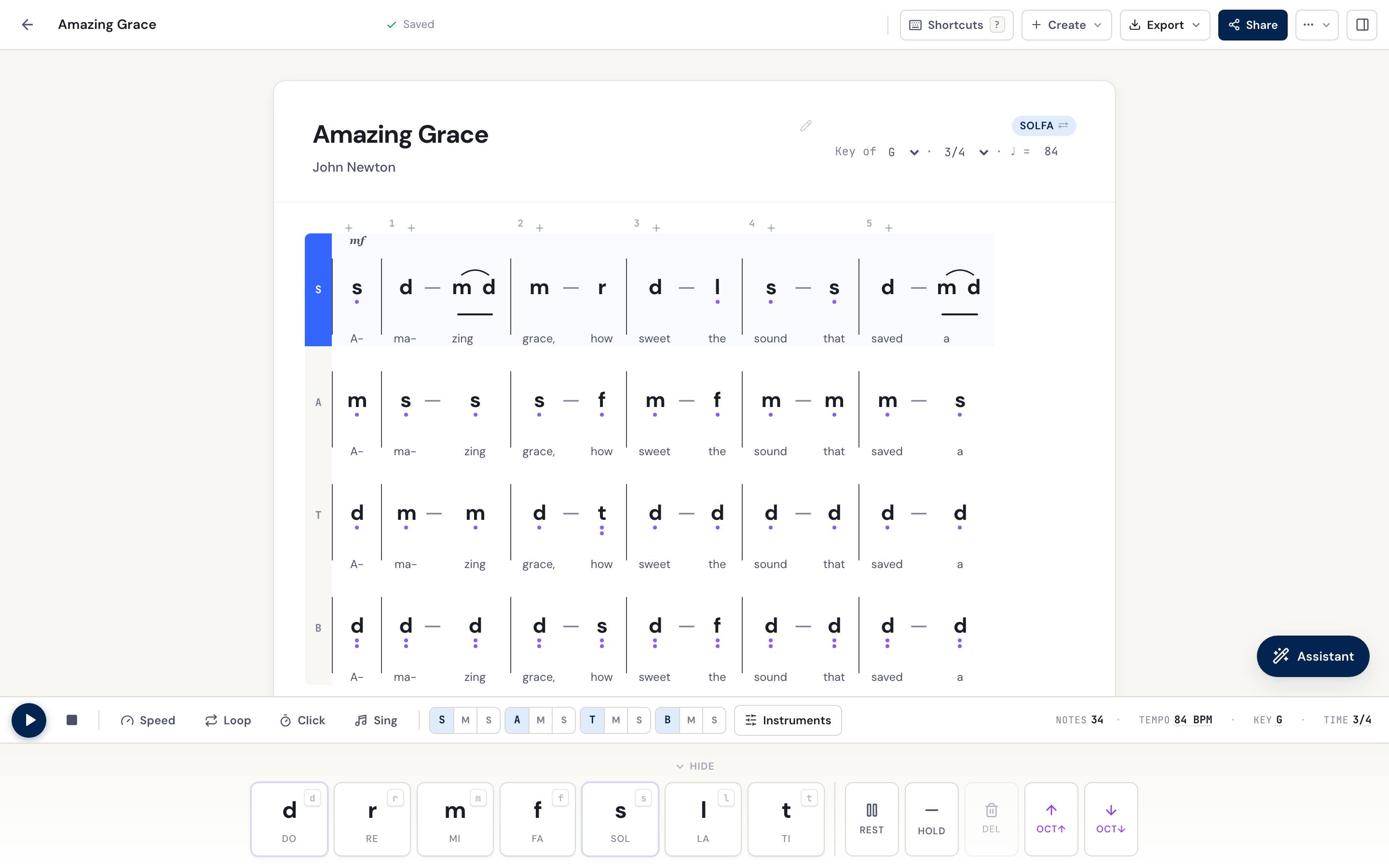 Amazing Grace in the DomiSol editor after harmonising: the melody now sits above alto, tenor and bass, in tonic solfa, with the words carried under every part.