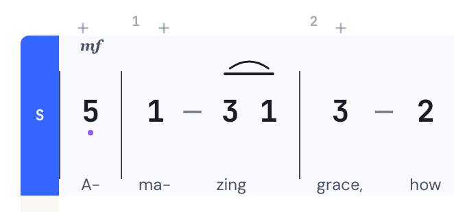 The opening bars of Amazing Grace in Indonesian not angka in DomiSol: the two quavers on “zing” joined by a line above the numbers, a dot below the first 5, and each word under its note.