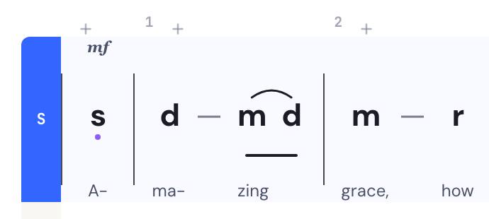 Close-up of the melody's opening bars in DomiSol, in tonic solfa: an octave dot under the first note, a slur over the two quavers on “zing”, a dash where a note is held, and each word under its note.