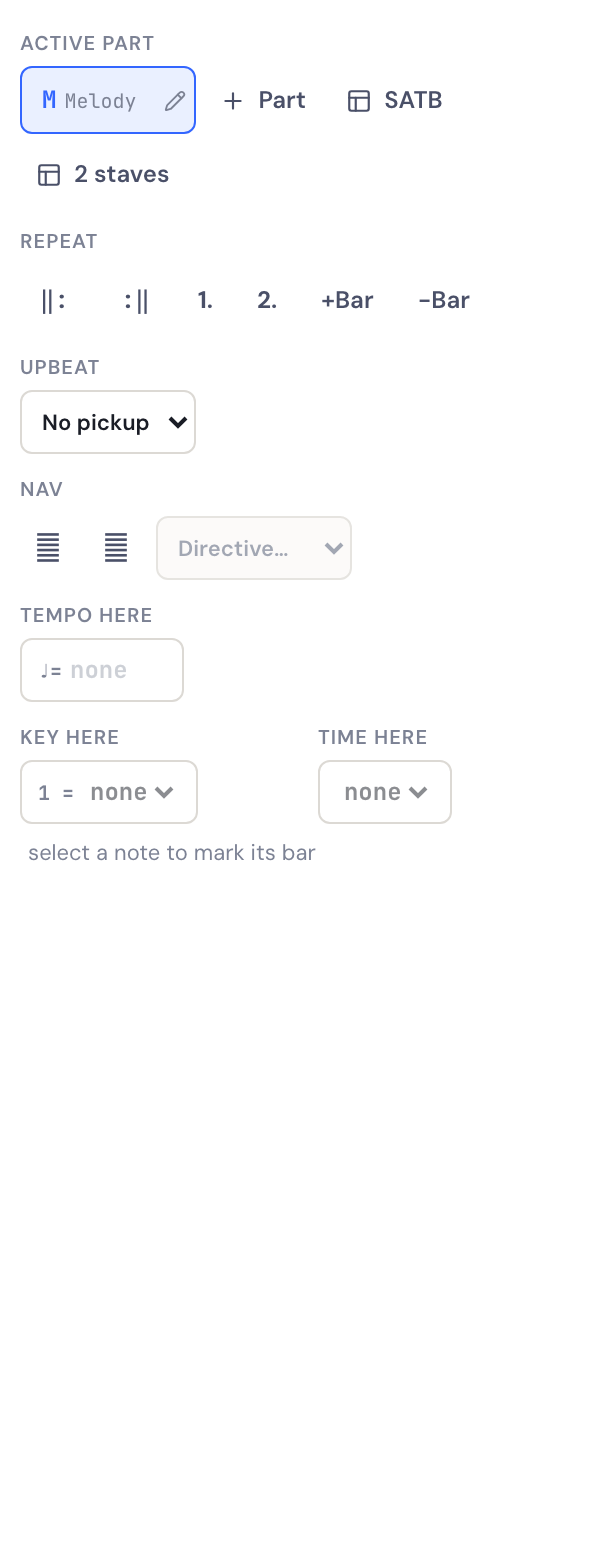 The Layout tab of the DomiSol tools panel, showing the Upbeat setting for a pickup bar alongside the repeat, bar and navigation controls.