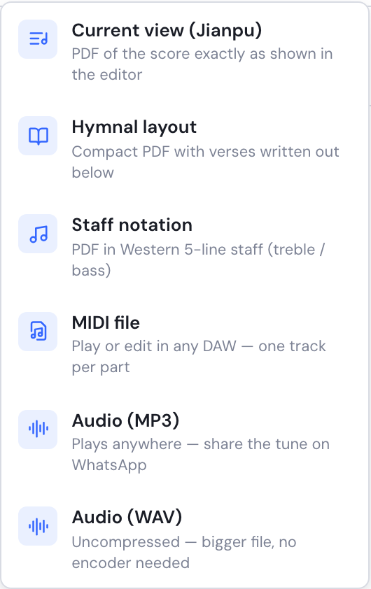 The Export menu open, offering the current view as PDF, hymnal layout, staff notation and a MIDI file.