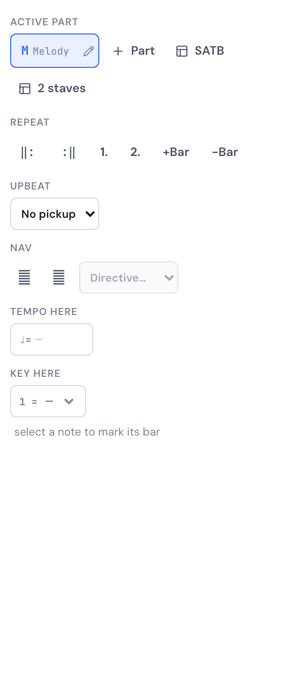 The Layout tab of the DomiSol tools panel, showing the Upbeat setting for a pickup bar alongside the repeat, bar and navigation controls.