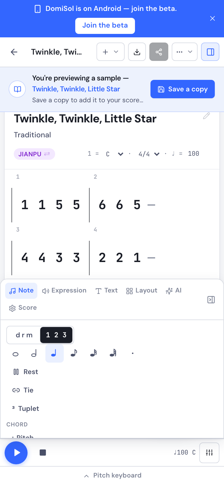 The DomiSol editor on a phone: the score above, the tools panel, and the pitch keyboard along the bottom.