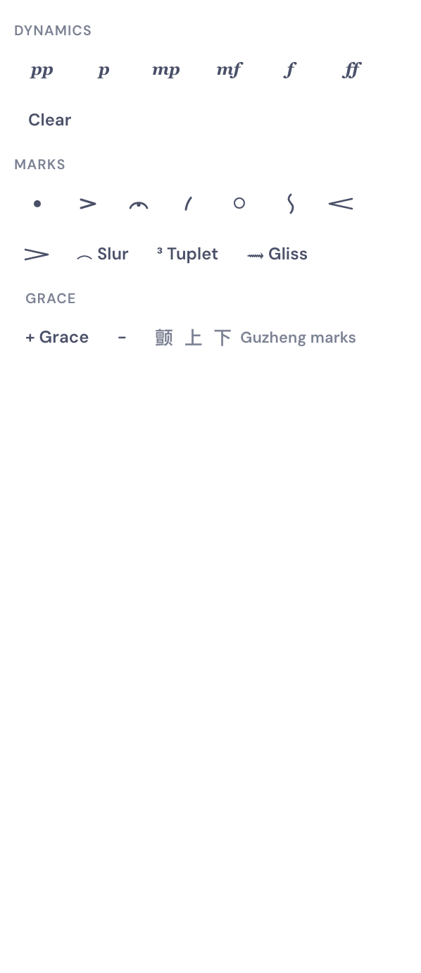 The Marks row on the DomiSol Expression tab: staccato, accent, fermata, breath mark, harmonic, arpeggio and the two hairpins, above the slur, tuplet and glissando buttons.