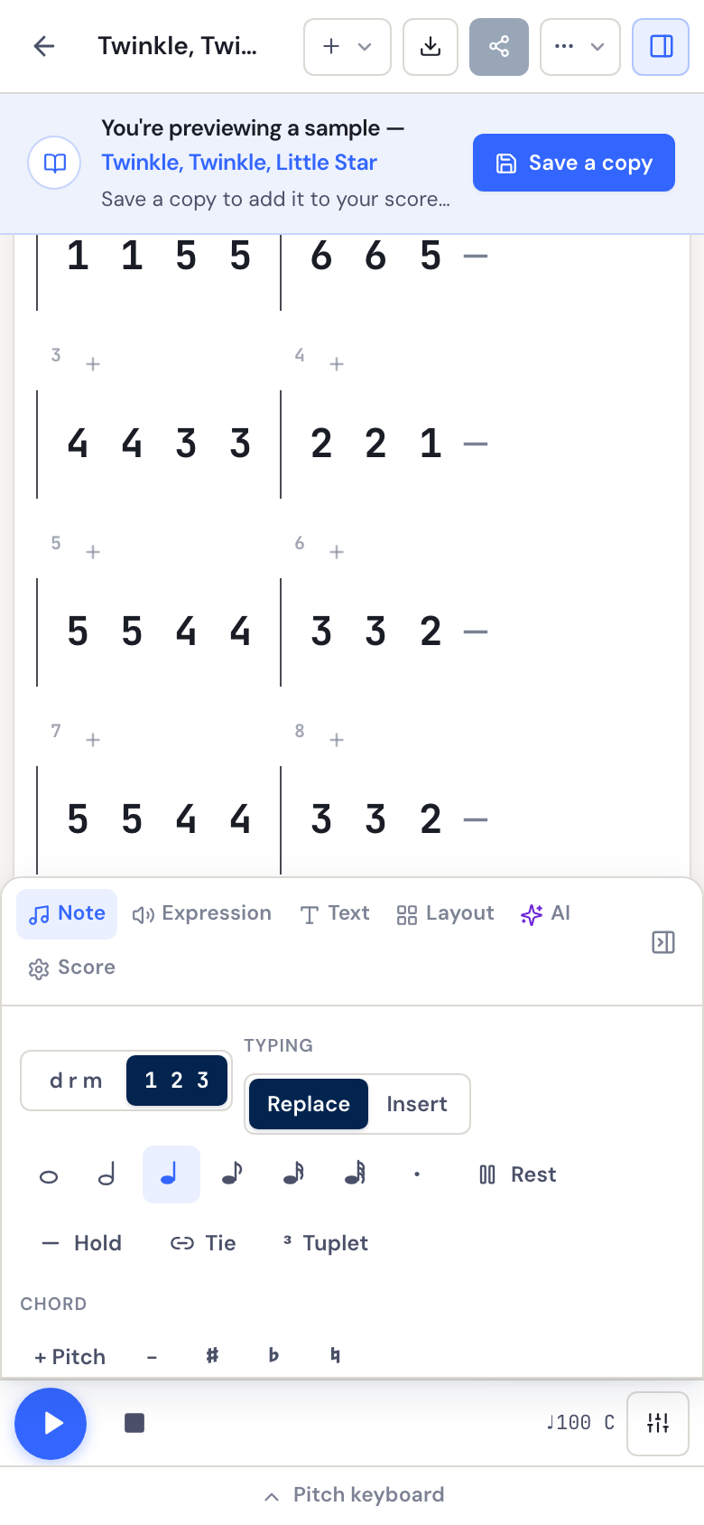 The DomiSol editor on a phone: the score above, the tools panel open on the Note tab, the play bar, and the pitch keyboard folded away along the bottom.
