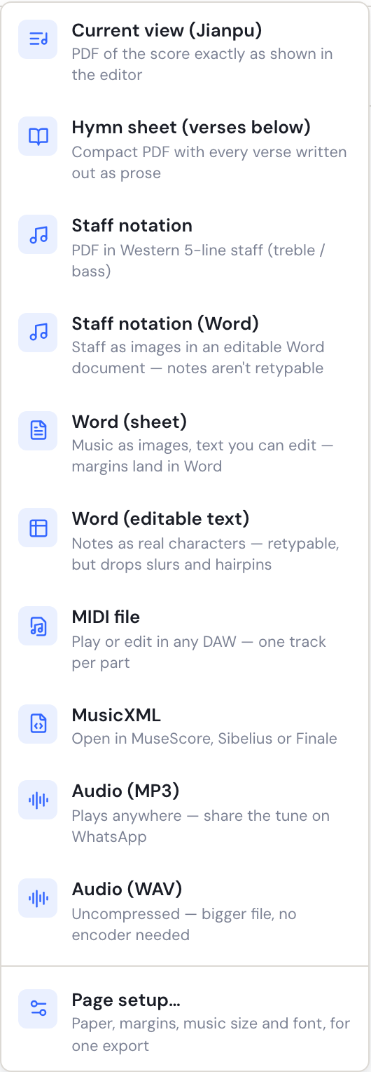 The Export menu open with its ten formats — the current view as a PDF, a hymn sheet with the verses below, staff notation as a PDF or a Word document, Word as a sheet or as editable text, MIDI, MusicXML, and MP3 or WAV audio — and Page setup below them.