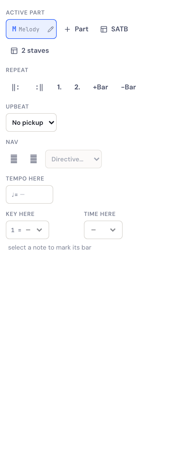 The Layout tab of the DomiSol tools panel, showing the Upbeat setting for a pickup bar alongside the repeat, bar and navigation controls.